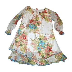 TAKHO Sz M White Floral All Over Print Lined Sheer Tiered Tunic Chiffon Dress